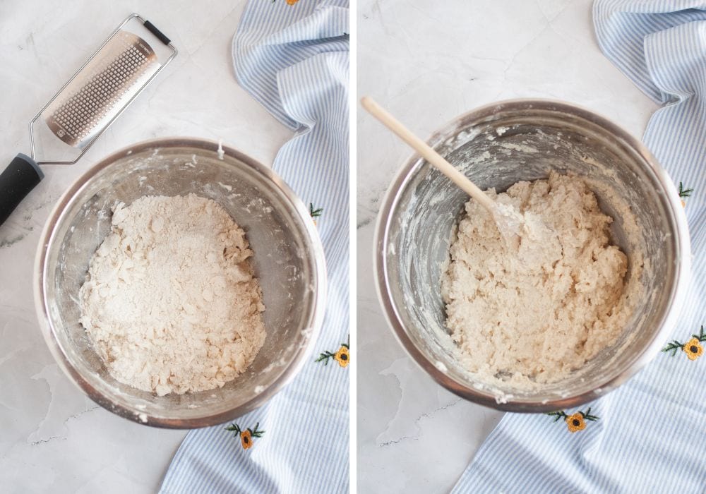 two photos; one shows dry ingredients and butter mixed together in a mixing bowl; the other shows the biscuit dough once the buttermilk has been added.
