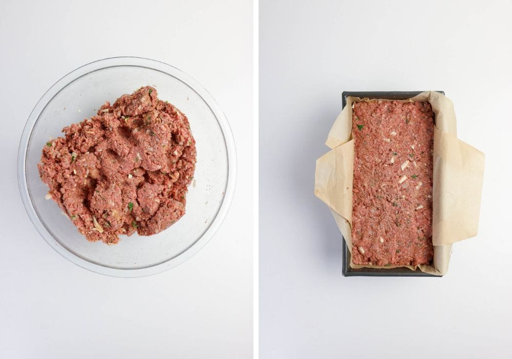 two photos; one shows ingredients for meatloaf mixed together in a glass bowl; the other shows the meat mixture pressed into a parchment-lined loaf pan.