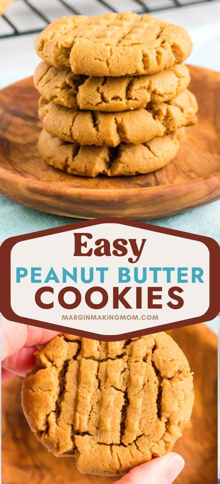 two photos; one shows a stack of easy gluten free peanut butter cookies on a wooden plate; the other shows a hand holding a freshly baked peanut butter cookie.