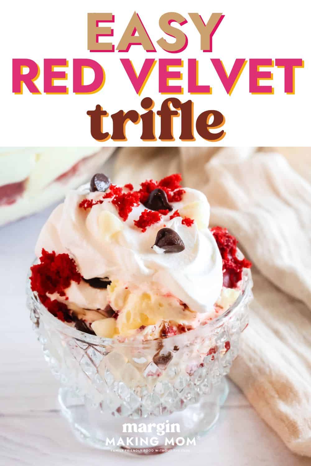 An individual serving of easy red velvet trifle in a glass dish.