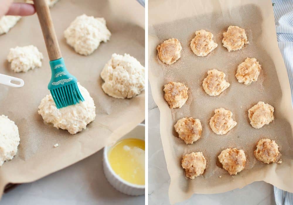 two photos; one shows melted butter being brushed over rounds of biscuit dough; the other shows cinnamon sugar sprinkled over the butter on the biscuits, prior to baking.