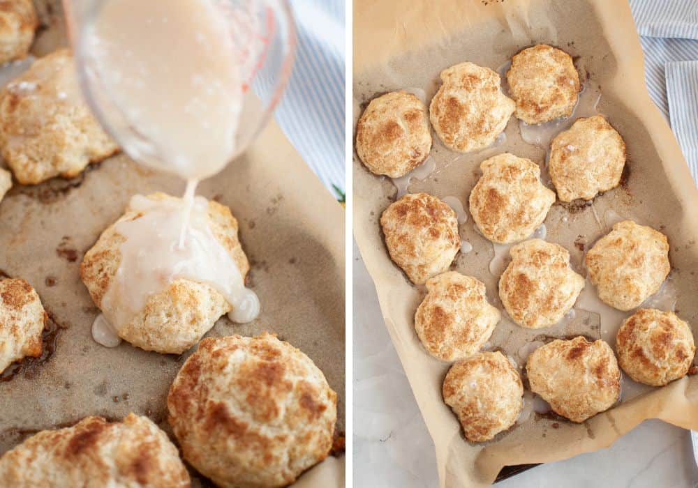 two photos; one shows glaze being poured over cinnamon sugar biscuits; the other shows the glazed biscuits on a parchment-lined baking sheet.