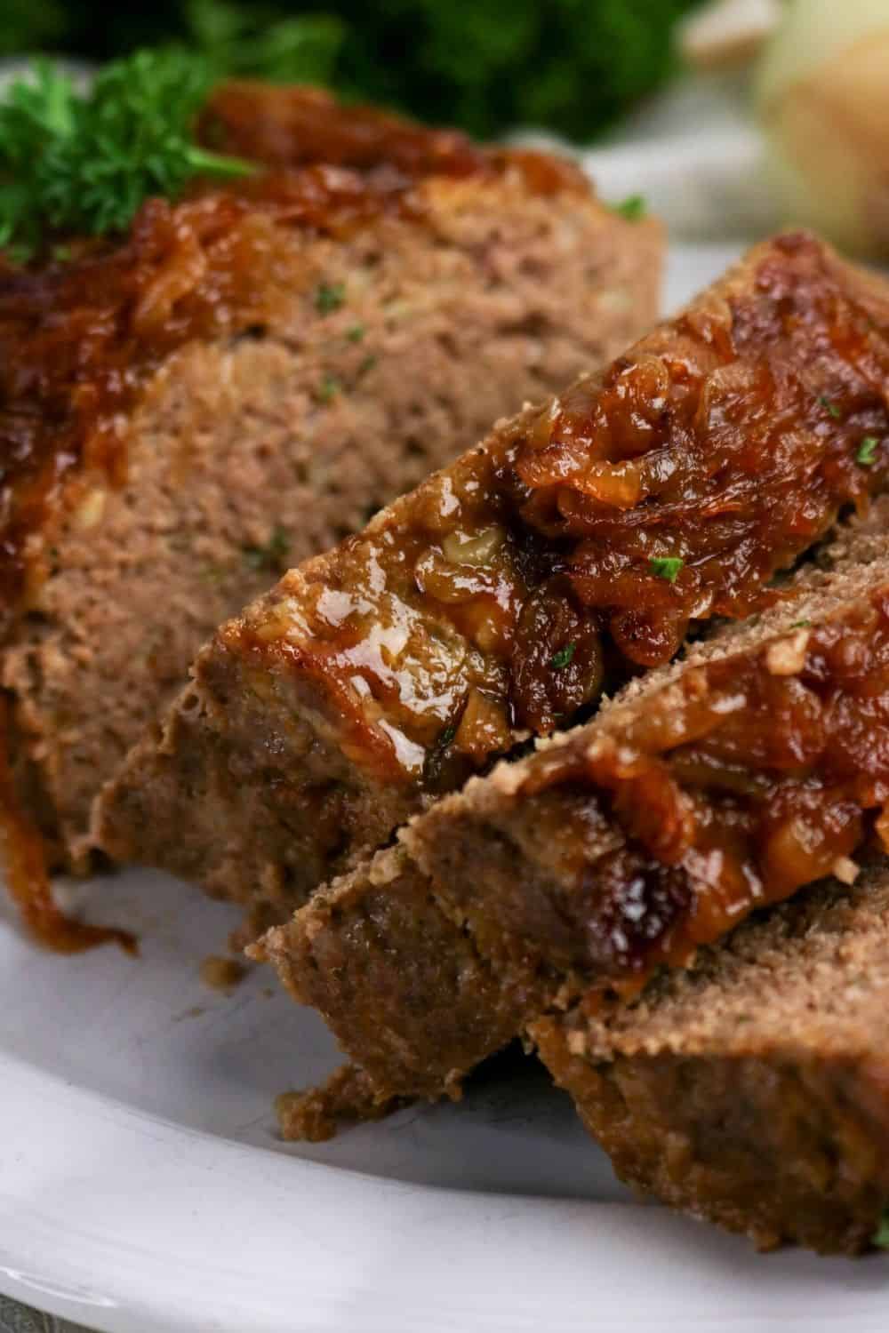 close-up view of the french onion topping on homemade meatloaf.