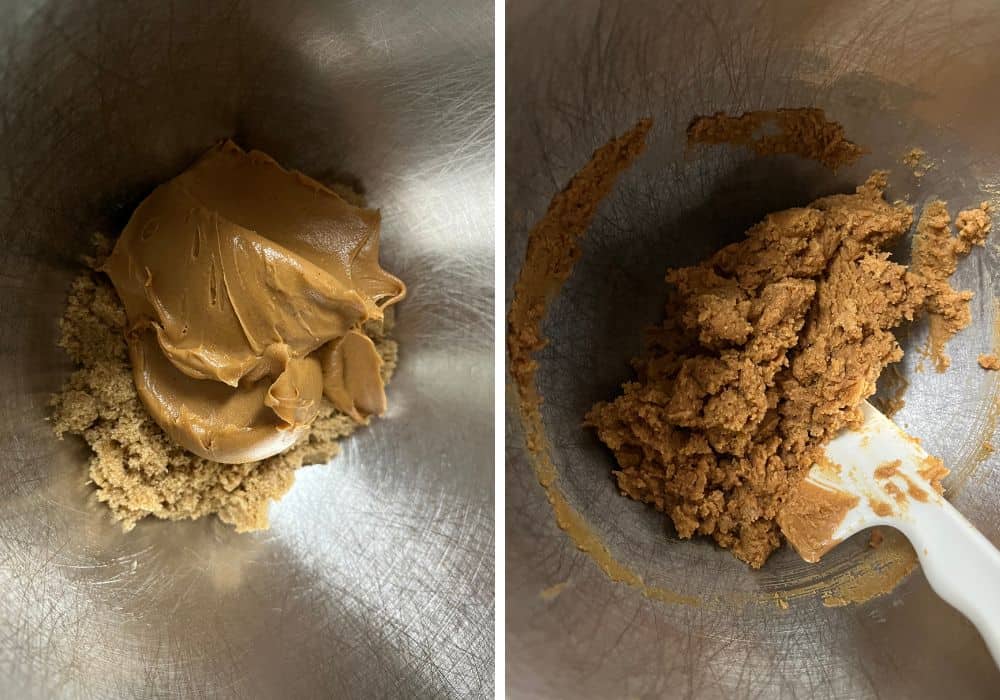 two photos; one shows peanut butter and brown sugar in a mixing bowl; the other shows the flourless peanut butter cookie dough in a mixing bowl with a spatula.