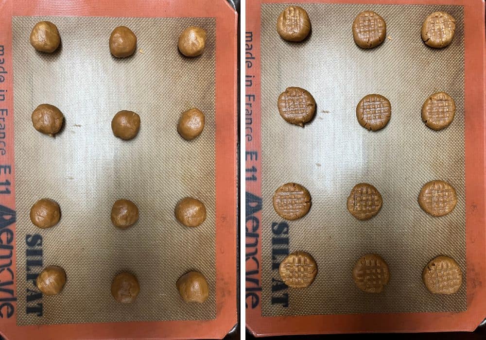 two photos; one shows rounds of peanut butter cookie dough on a silicone mat of a baking sheet; the other shows the balls of dough pressed with the tines of a fork to make a cross hatch pattern.