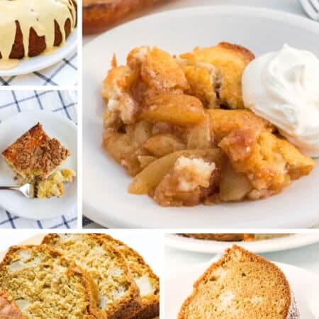 collage image featuring photos of various pear dessert recipes, including pear bundt cake, pear bread, pear coffee cake, old-fashioned pear cake, and pear cobbler.