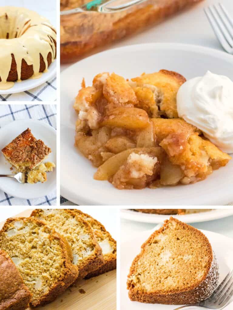 collage image featuring photos of various pear dessert recipes, including pear bundt cake, pear bread, pear coffee cake, old-fashioned pear cake, and pear cobbler.