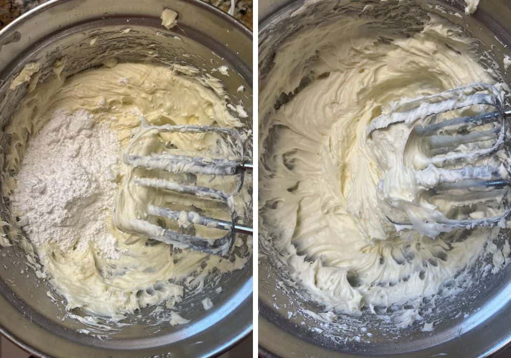 two photos; one shows powdered sugar being added to the cream cheese and butter mixture with an electric mixer; the other shows the mixture once it's beaten together.