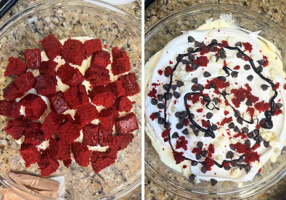 two photos; one shows red velvet cake cubes over a creamy filling in a trifle dish; the other shows the finished top of the red velvet creamy layered dessert, complete with whipped cream, chocolate chips, and chocolate sauce drizzle.
