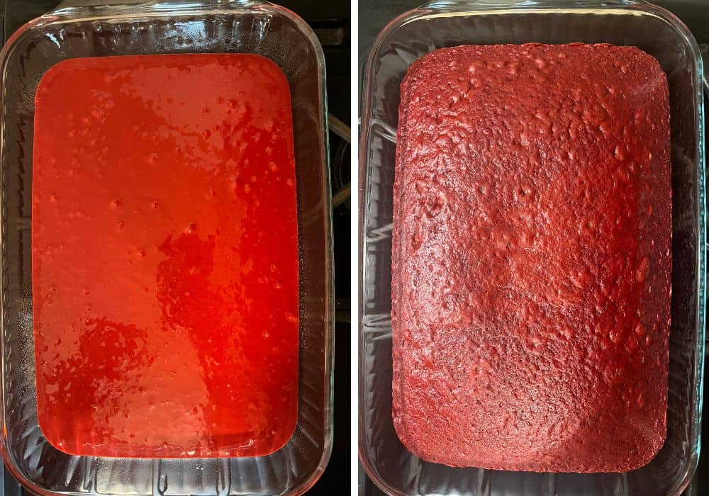 two photos; one shows red velvet cake batter in a glass 9x13" pan; the other shows the cake in the pan after baking.