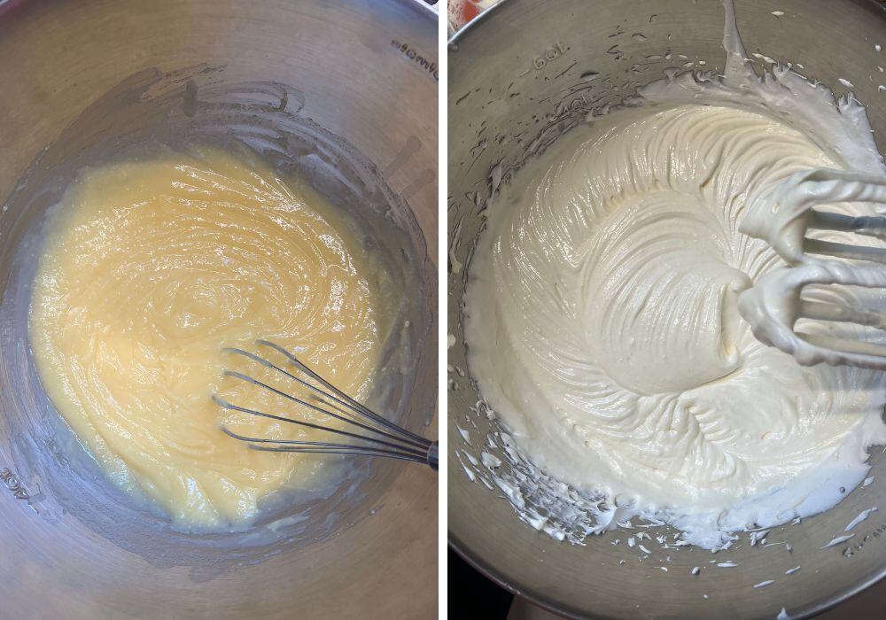 two photos; one shows pudding mixture in a mixing bowl; the other shows the creamy filling ready for layering in the trifle.