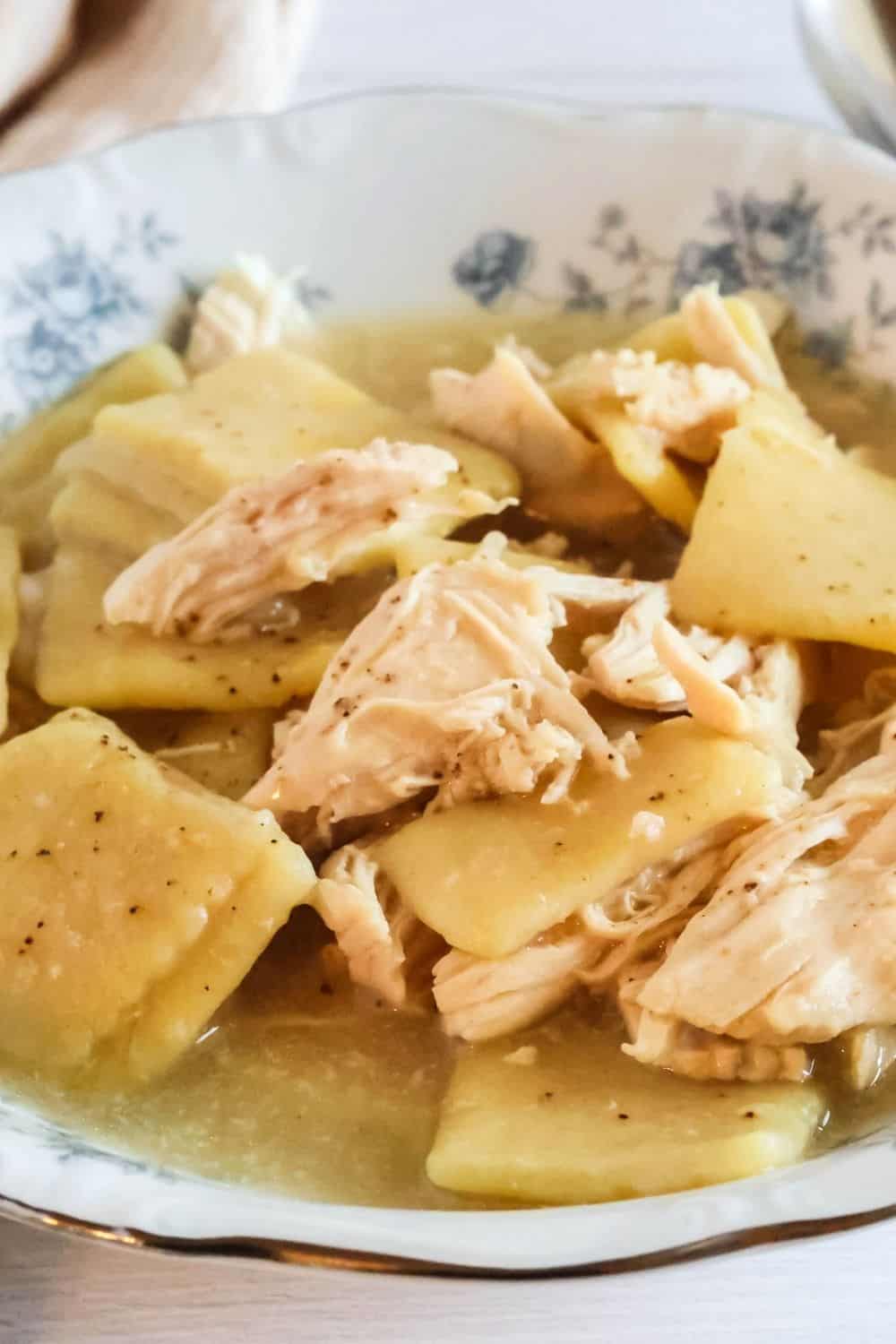 close-up view of slow cooker chicken and dumplings in a blue and white china dish.