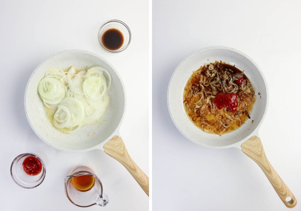 two photos; one shows onions being cooked in a skillet; the other shows additional ingredients added to the cooked onions.