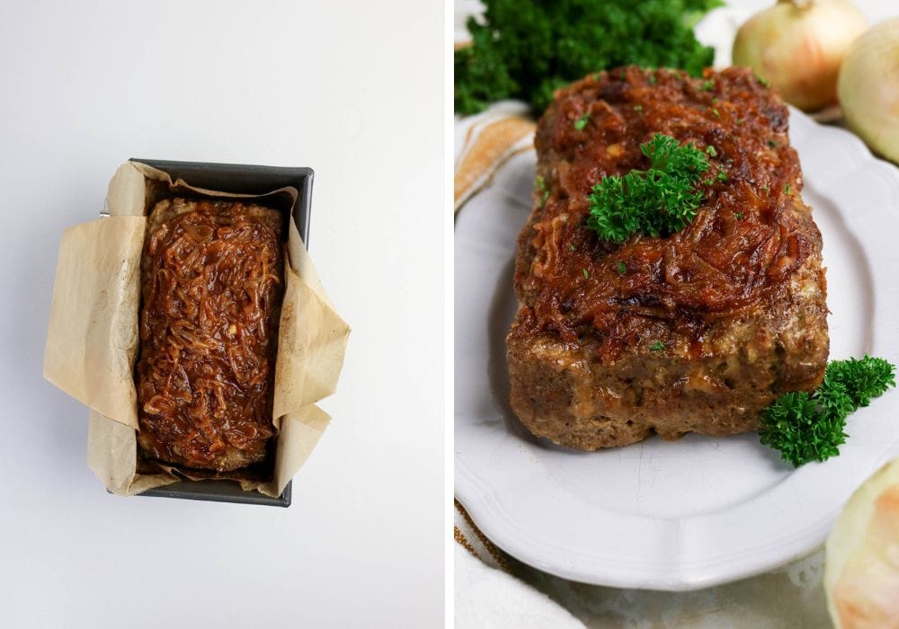 two photos; one shows freshly baked onion soup meatloaf in the loaf pan; the other shows the loaf on a white serving platter, garnished with parsley.