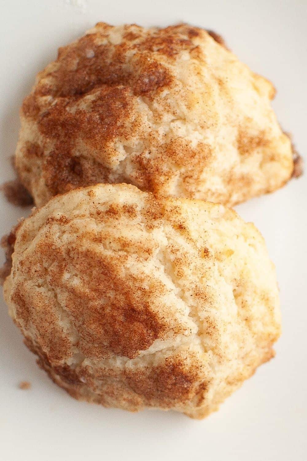 close-up view of two sweet biscuits sprinkled with cinnamon sugar.
