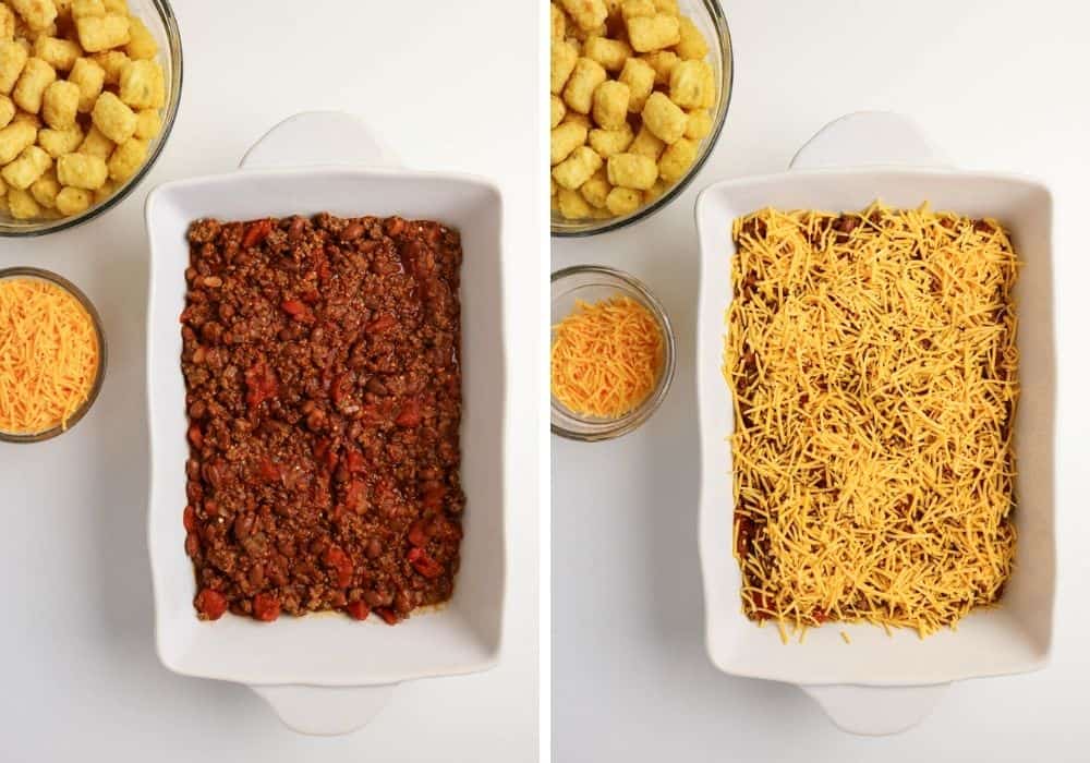 two photos; one shows chili spread into the bottom of a casserole dish; the other shows cheese sprinkled over the chili.