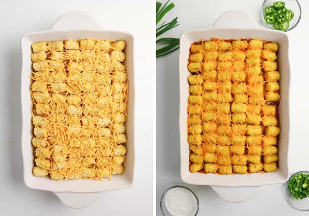 two photos; one shows overhead view of shredded cheese sprinkled over tater tots in a casserole dish; the other shows the casserole after baking and the cheese topping has melted.