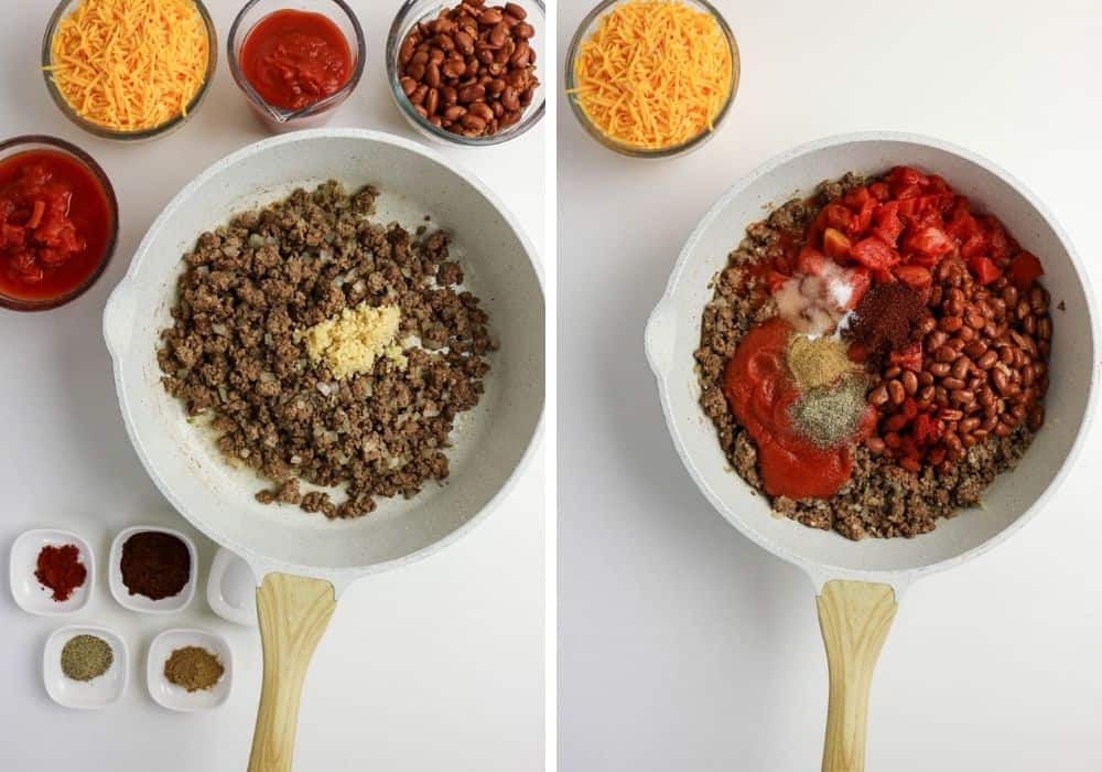 two photos; one shows cooked ground beef and onions in a skillet, with minced garlic added; the other shows beans, tomatoes, and seasonings added to the beef mixture.
