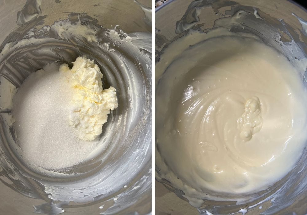 two photos; one shows sugar added to cream cheese and butter mixture in a mixing bowl; the other shows the ingredients beaten together after the addition of eggs and vanilla extract..