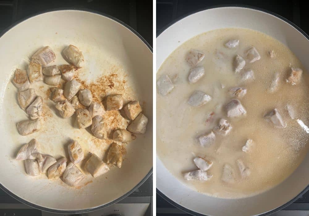 two photos; one shows chicken pieces browned in a skillet; the other shows water and evaporated milk added to the chicken.