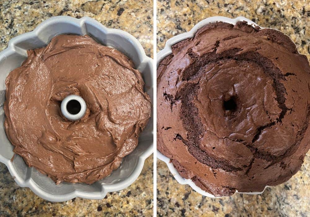 two photos; one shows chocolate cake batter in a bundt pan; the other shows the cake after baking.