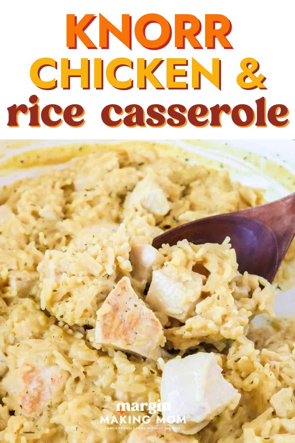 Knorr chicken and rice casserole with a wooden spoon in it.