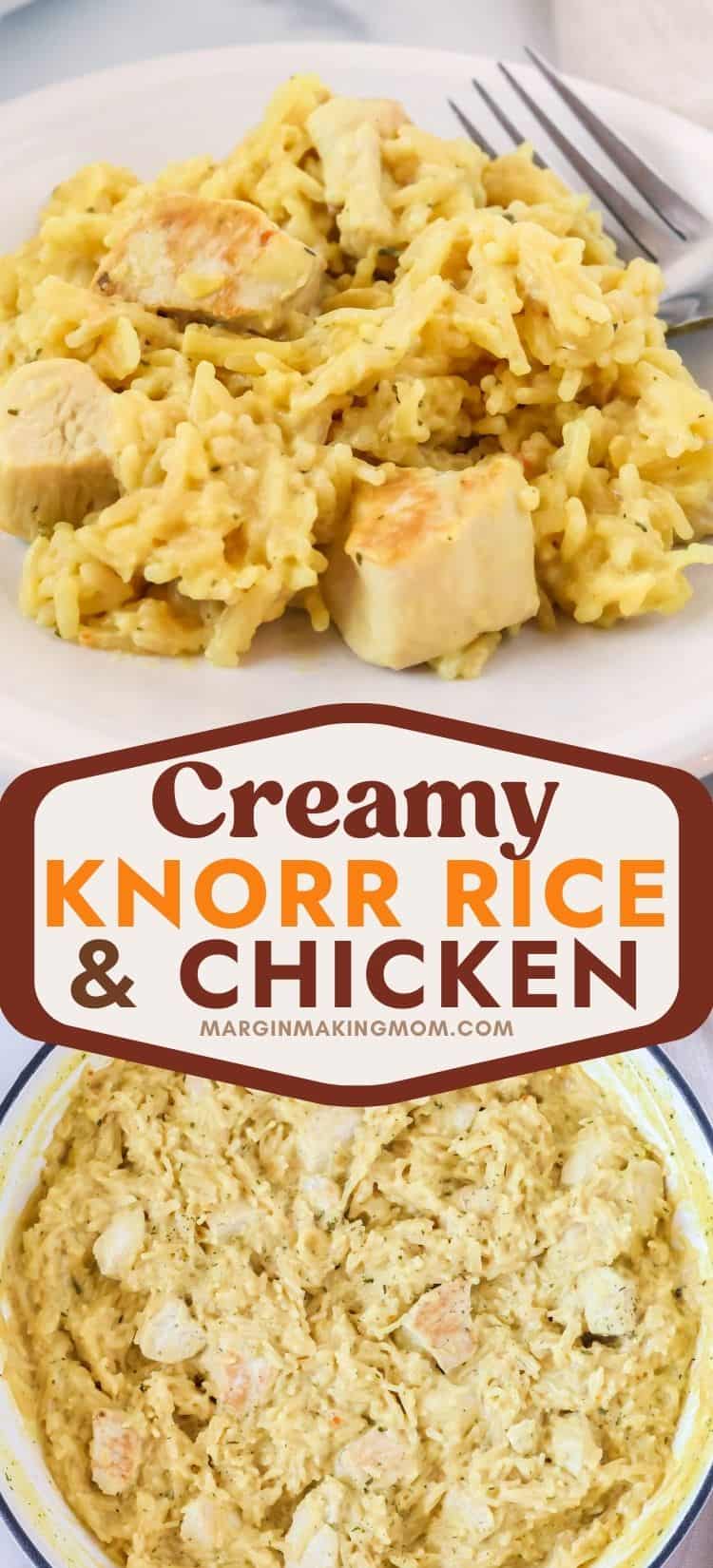 two photos; one shows chicken and Knorr rice casserole on a white plate; the other is an overhead view of the skillet for the stove top chicken and rice.