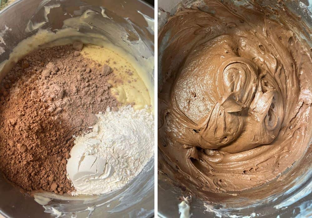 two photos; one shows dry ingredients added to wet ingredients in a mixing bowl; the other shows the batter after dry ingredients and water have been combined.