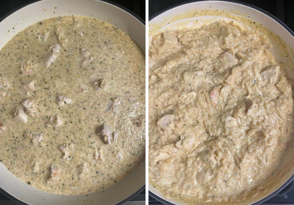 two photos; one shows contents of Knorr rice packets added to pan of chicken and liquid; the other shows the mixture after cooking.