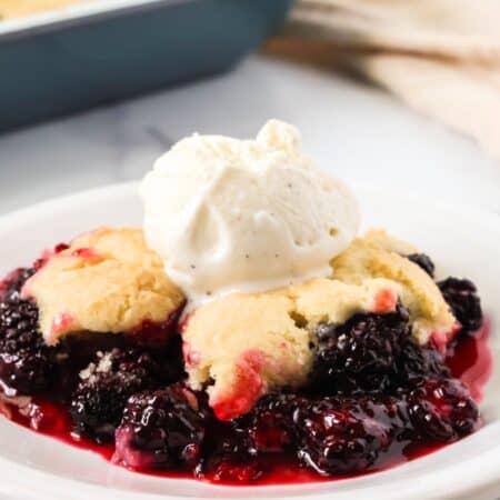 Bisquick blackberry cobbler topped with vanilla ice cream and served on a white plate.