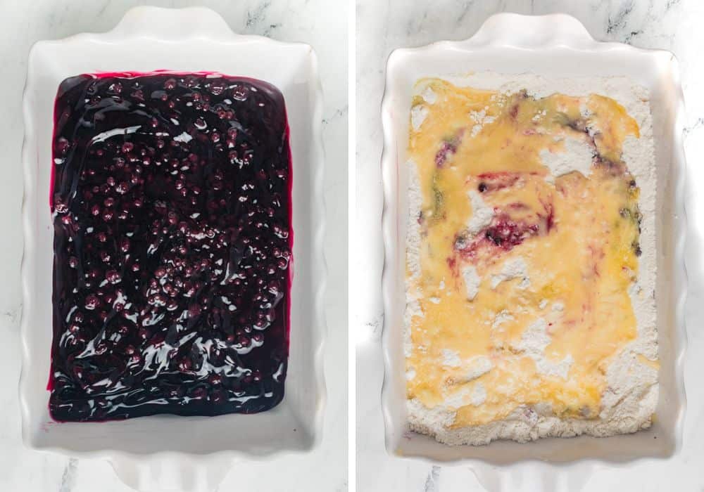 Two photos; one shows blueberry pie filling in a white baking dish; the other shows muffin mix and melted butter over the pie filling.