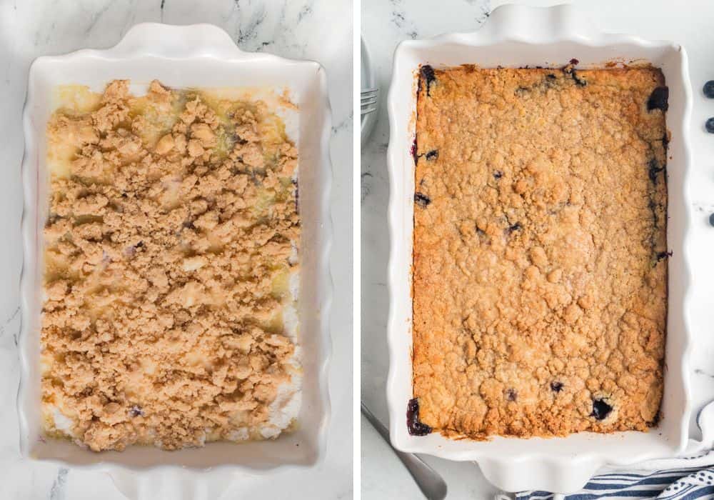 two photos; one shows streusel topping over the melted butter in the baking dish; the other shows the freshly baked dump cake made with blueberry muffin mix.