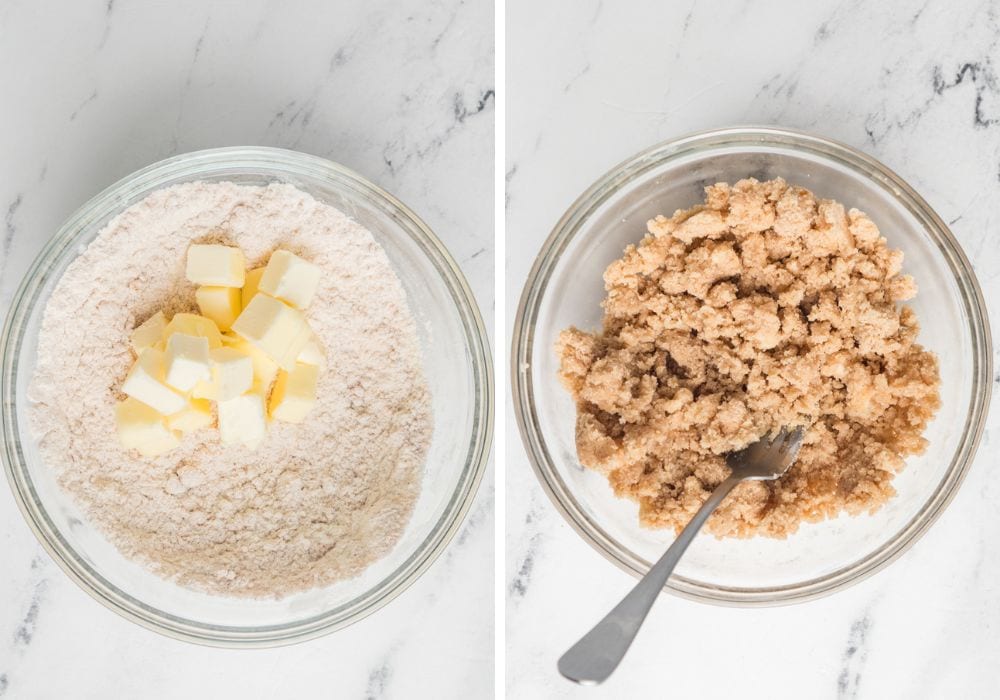 two photos; one shows cubed butter added to dry ingredients for making streusel; the other shows a fork cutting the butter into the dry ingredients to create the streusel topping for the blueberry dump cake cobbler.