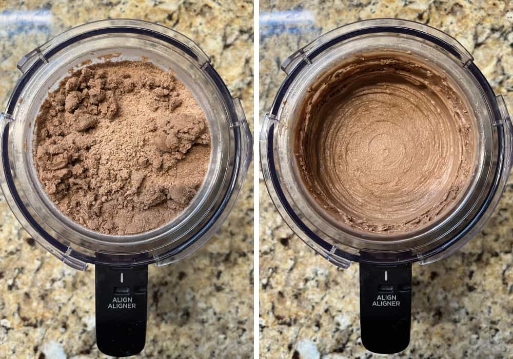 two photos; one shows crumbly chocolate ice cream after the first spin in the Ninja Creami; the other shows the smooth and creamy ice cream after re-spinning.