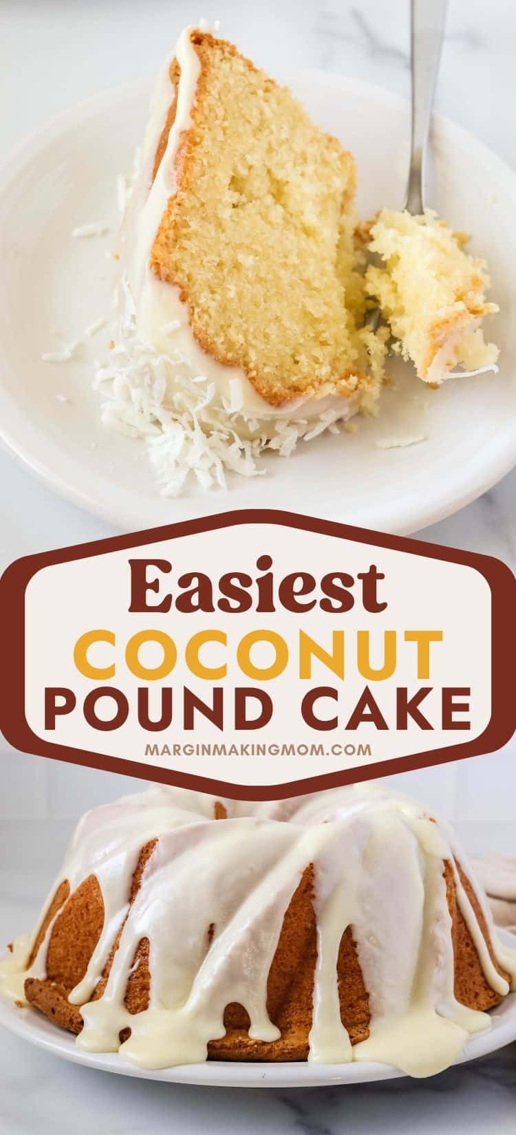 two photos; one shows a slice of coconut pound cake with a fork cutting a bite out of the slice. The other shows a side view of the glazed coconut pound cake.
