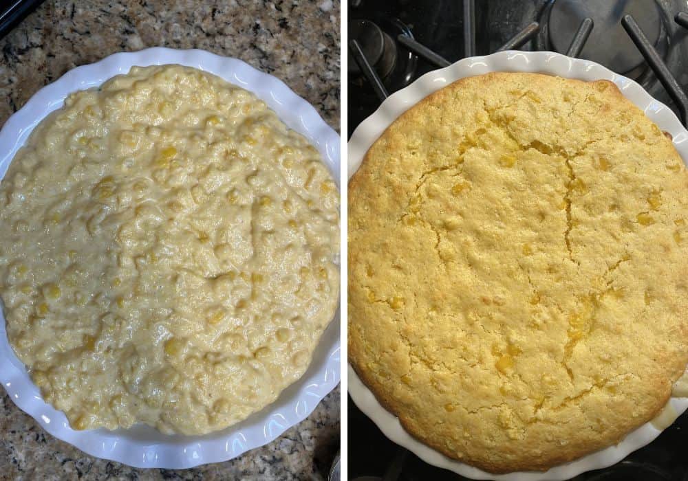 two photos; one shows cornbread topping spread over the filling in the pie plate; the other shows the pie plate after the cornbread chicken casserole has been baked.