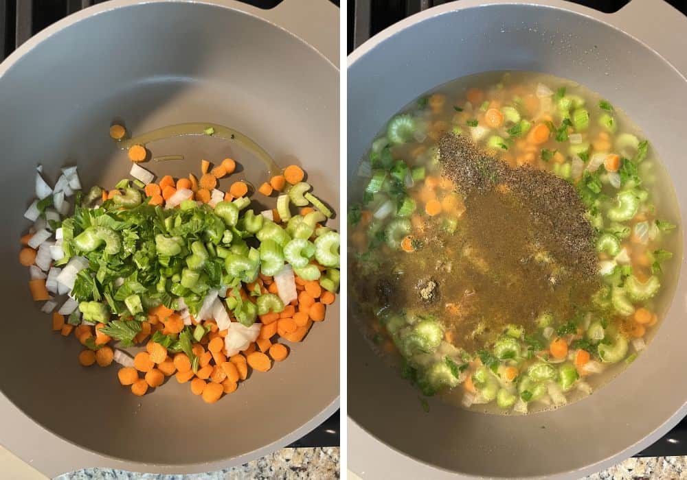 two photos; one shows veggies added to skillet; the other shows broth and seasonings added to the veggies in the skillet.