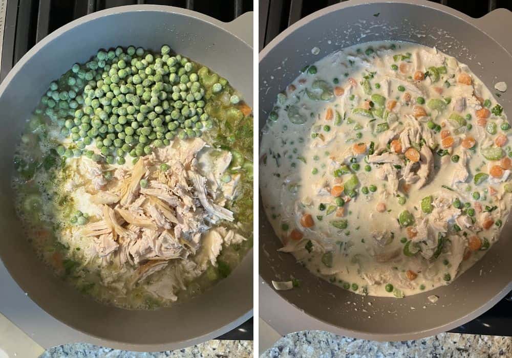 two photos; one shows shredded chicken and frozen peas added to the mixture in the skillet.