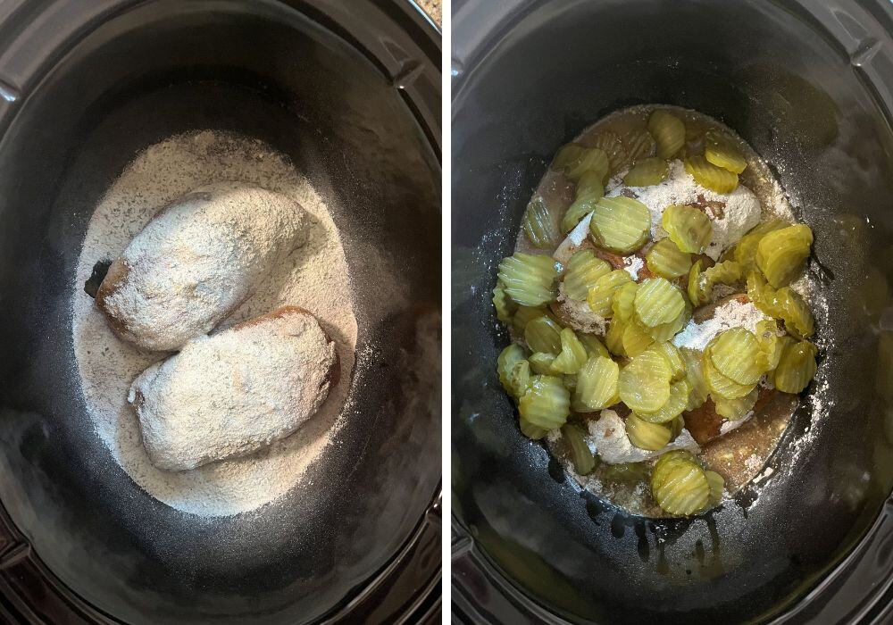 two photos; one shows chicken breasts and seasonings in a crock pot; the other shows dill pickle chips and juice added to the crock pot.
