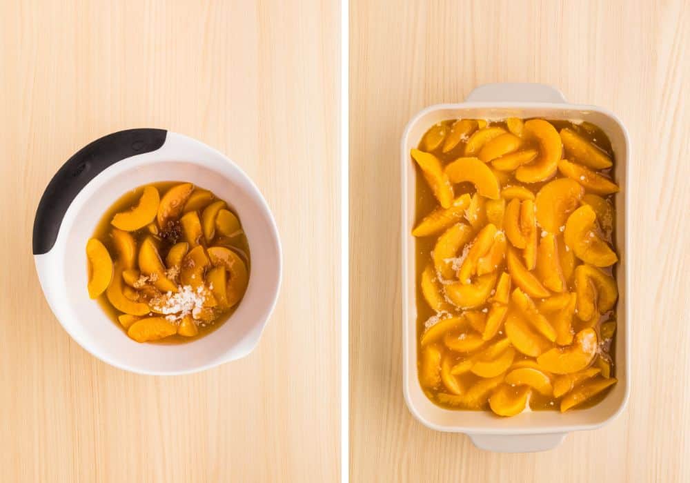 two photos; one shows cobbler filling ingredients in a white mixing bowl; the other shows the filling in a 9x13" baking dish.