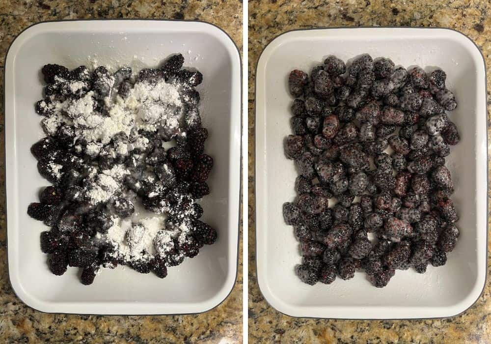 two photos; one shows fresh blackberries, sugar, cornstarch, and lemon juice in a white baking dish; the other shows those ingredients tossed together so the berries are well-coated.