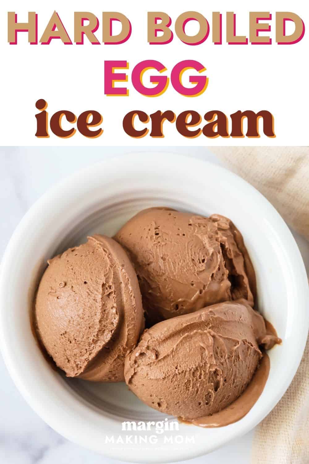 Three scoops of hard boiled egg ice cream served in a white bowl.