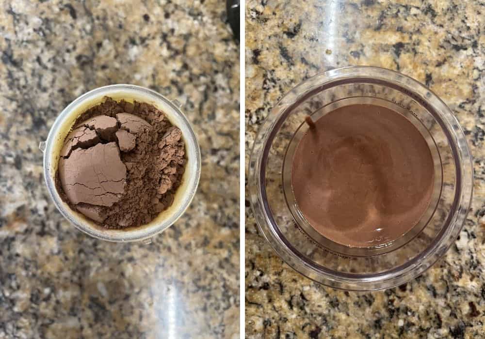 two photos; one shows cocoa powder, sugar, salt, and extracts added to the blender; the other shows the blended mixture added to a Ninja Creami pint container for freezing.