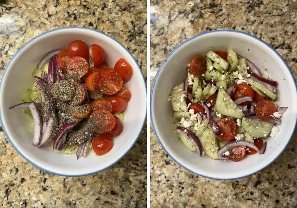 two photos; one shows ingredients for cucumber salad in a white bowl; the other shows the ingredients mixed together.