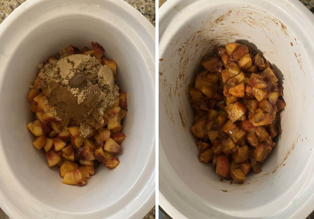 two photos; one shows fresh diced peaches, brown sugar, spices, lemon juice, and water in a slow cooker. The other shows the ingredients all mixed together before slow cooking.