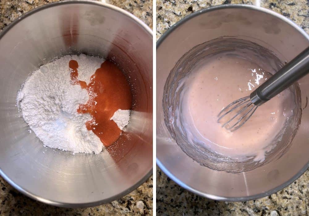 two photos; one shows powdered sugar and strawberry puree in a small mixing bowl; the other shows a whisk in the strawberry glaze after all ingredients have been added.