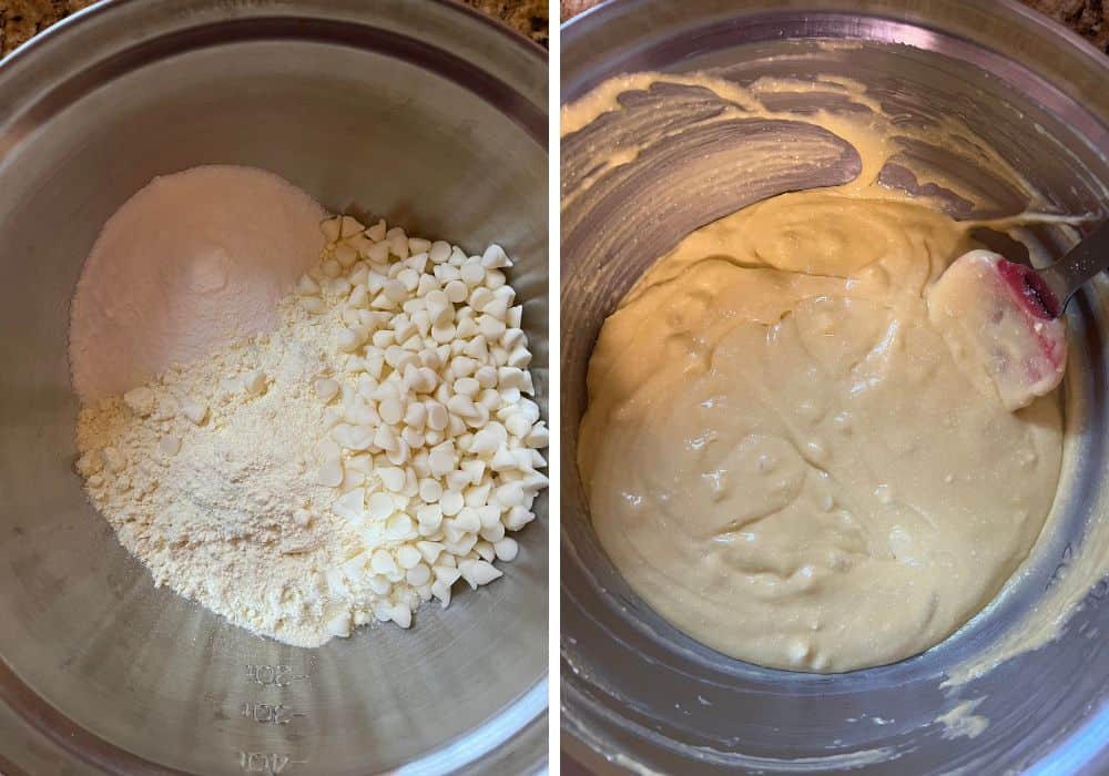 two photos; one shows cake mix, pudding mix, and white chocolate chips in a mixing bowl. The other shows the batter stirred together after milk was added.