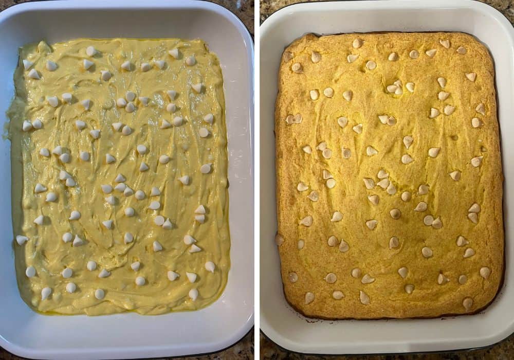 two photos; one shows the cake batter spread in a greased pan, with white chocolate chips sprinkled over the batter. The other shows the cake in the pan after baking.