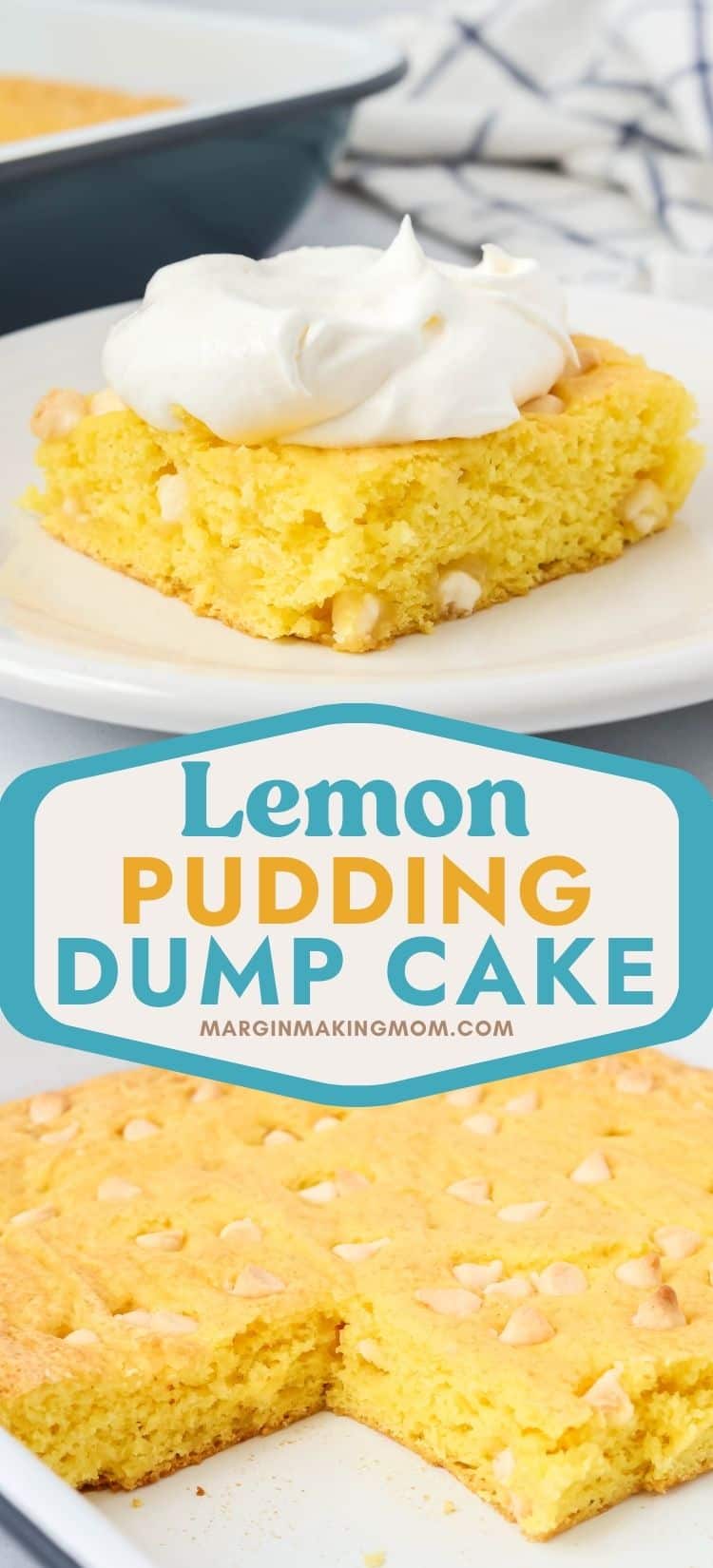Two photos. One shows a Slice of low fat lemon pudding cake, topped with Cool Whip, on a white plate. The other shows the pan of cake, with several slices removed.