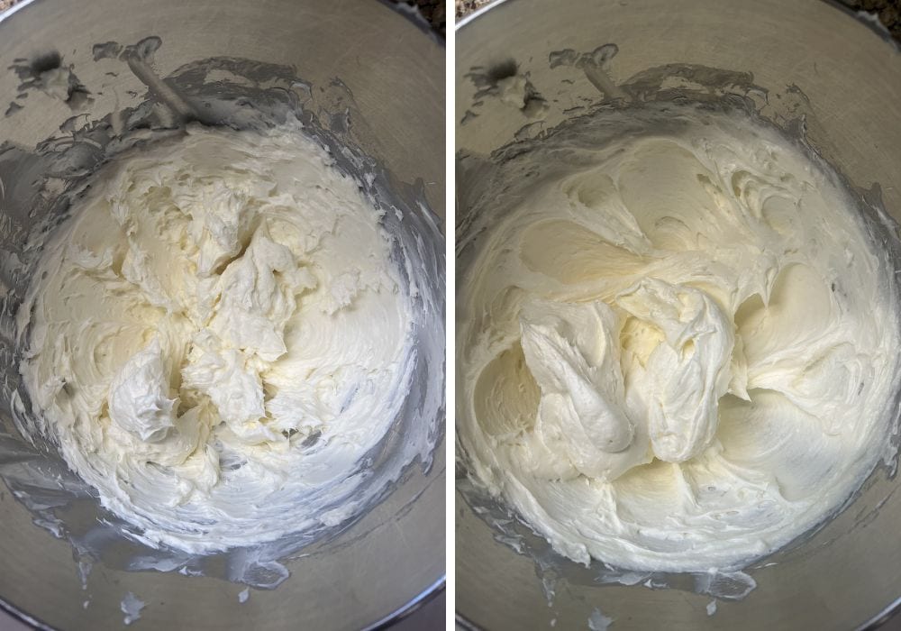two photos; one shows cream cheese and butter beaten together in a mixing bowl; the other shows sugar beaten into the mixture until fluffy.